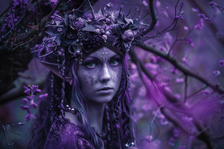 Portrait of a mystical fairy with elaborate makeup and a floral crown, set against a purple woodland backdropの素材