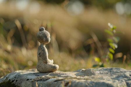 Harmonious stack of smooth stones balanced in a tranquil natural setting with soft lightingの素材