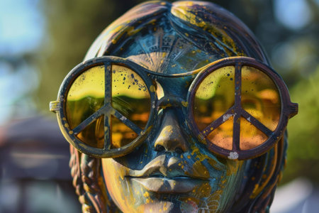 Close up of an artistic sculpture's head wearing sunglasses with peace symbolsの素材