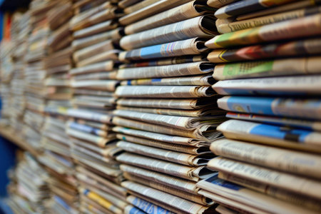 Close up of a pile of stacked newspapers with blurred background, showing the traditional print media and journalism industry, providing information and literature for reading and educationの素材