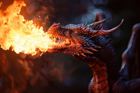Close up of a majestic dragon exhaling a fierce stream of fireの素材
