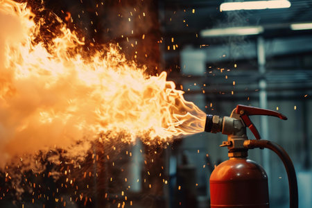 Close up of a fire extinguisher in action, with vivid flames and sparksの素材