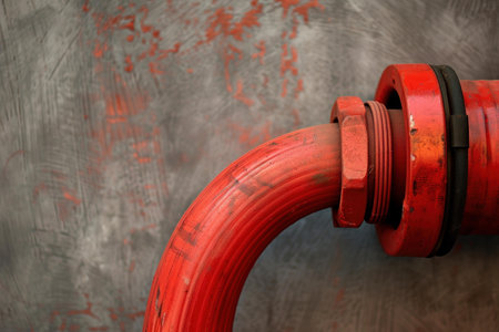 Detailed image showing a red pipe with a coupling on an abstract gray backgroundの素材