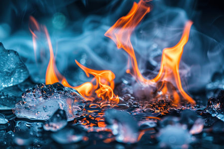 Up close and personal, the dynamic balance of flames and ice in nature's elemental interaction captured in vibrant and abstract photographyの素材