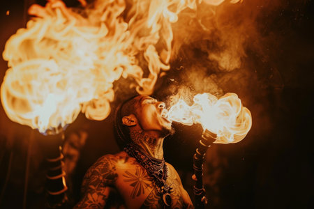 Tattooed fire performer breathes out a spectacular plume of flameの素材