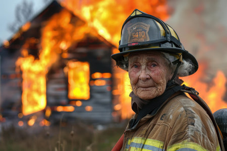 Dedicated firefighter stands resolute with a burning house in the backgroundの素材