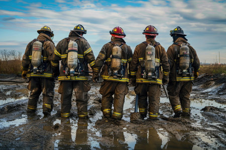 Group of firefighters stand together, prepared to tackle an emergencyの素材