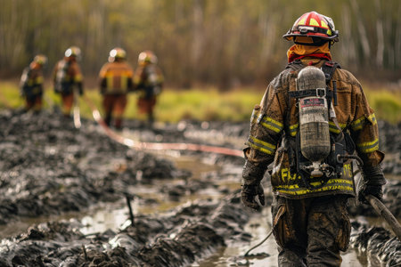 Team of firefighters walks through a charred landscape after extinguishing a forest fireの素材