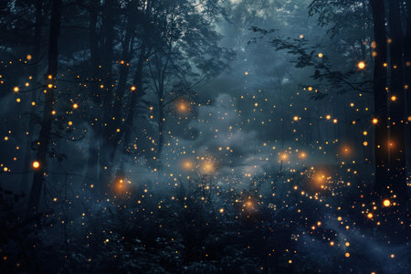 The enchanted and mystical forest at twilight with glowing lights, ethereal fog, and spooky ambiance, a magical and mysterious fairytale scene in the tranquil, dreamy woods of natureの素材