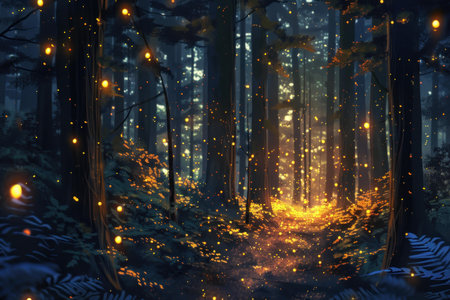 Magical illustration of a twilight forest with glowing lights leading a mystical pathの素材