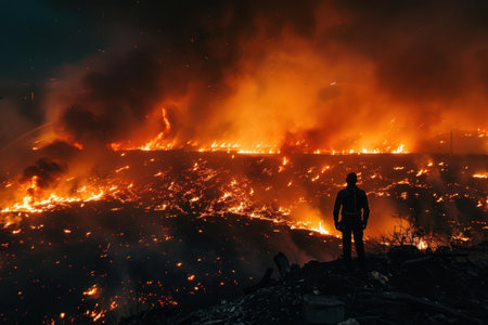 Lone person stands against a dramatic night time wildfire, showcasing nature's furyの素材