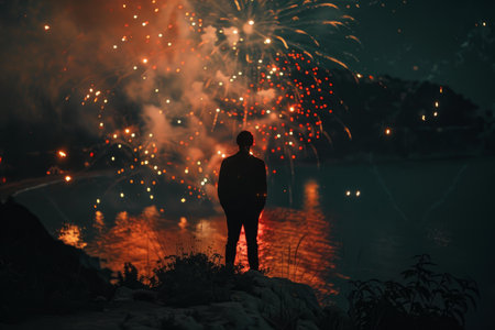 Lone silhouette stands against a stunning fireworks show reflected over water at nightの素材