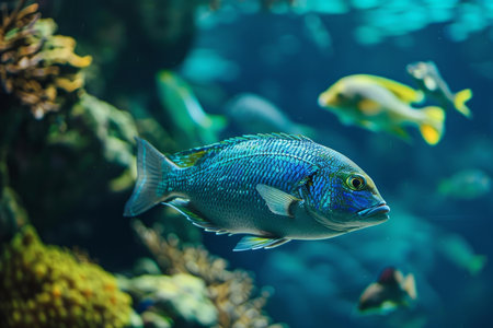 Colorful tropical fish swims gracefully among coral reef in a serene underwater habitatの素材
