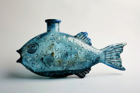 Unique blue toned ceramic bottle in the shape of a fish, isolated on white with water dropletsの素材