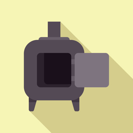 Old burning stove with open door for heating, solid fuel boiler with a long shadow on a light yellow backgroundのイラスト素材