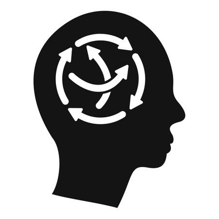 Silhouette of a human head profile featuring circular arrows, symbolizing repetitive thought patternsのイラスト素材