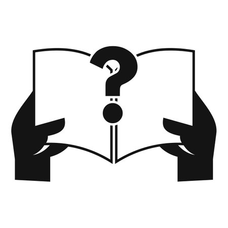 Black and white icon of a person holding an open book with a question mark coming from itのイラスト素材