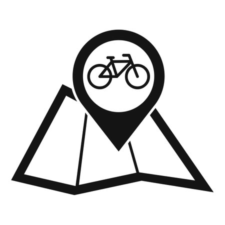 Black and white icon of a pin pointing the location of a bike on a folded paper mapのイラスト素材