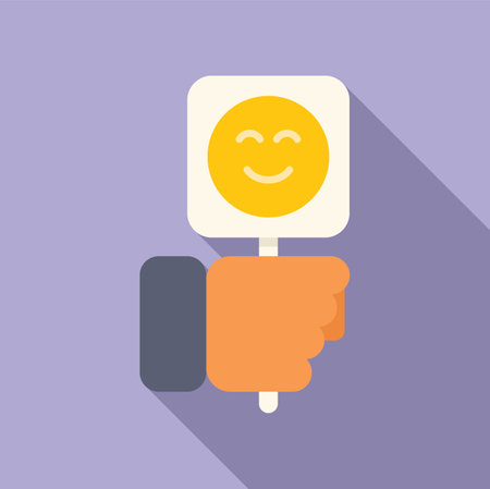 Hand holding a sign with a smiling positive emoji, perfect for expressing happiness and satisfactionのイラスト素材