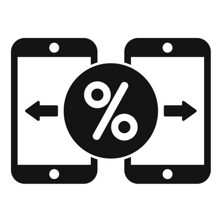 Black and white icon of two smartphones exchanging data with a percentage symbol, representing online money transferringのイラスト素材