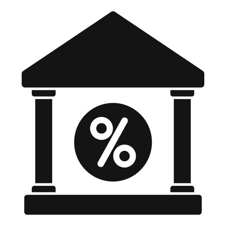 Simple icon of a bank building with pillars framing a large percent sign, representing interest ratesのイラスト素材