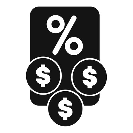 Simple black and white icon of a percentage symbol over three coins, representing the concept of calculating interest ratesのイラスト素材