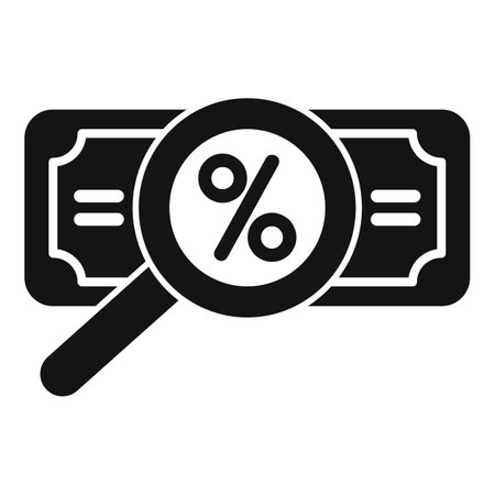 Magnifying glass analyzing percentage symbol on banknote, representing the concept of interest rate and financial analysisのイラスト素材