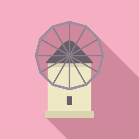 Illustration featuring a greek windmill, with its sails stopped, standing on a plain pink backgroundのイラスト素材