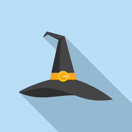 Black witch hat with orange band casting a long shadow on blue backgroundのイラスト素材