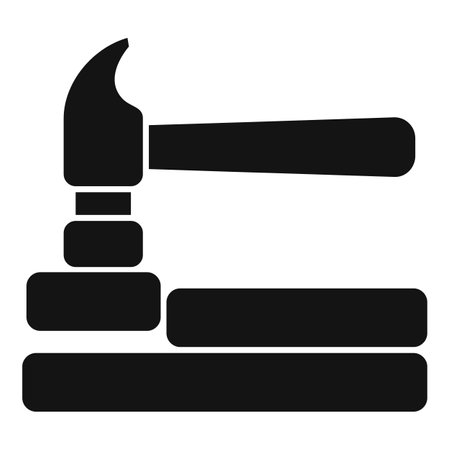 Black silhouette of a hammer driving a nail into wooden boards, representing construction and carpentryのイラスト素材