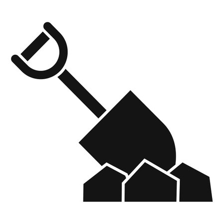 Black silhouette of a shovel digging into a pile of rocks, representing construction or gardeningのイラスト素材