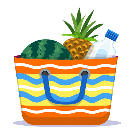 Bright beach bag holding fresh fruit and a bottle of water, ready for a relaxing day by the seaのイラスト素材