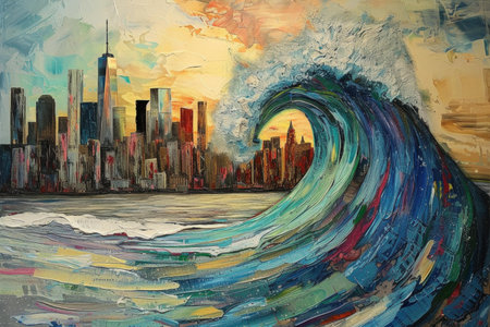 Powerful Big wave going city. Travel sky. Generate Aiの素材