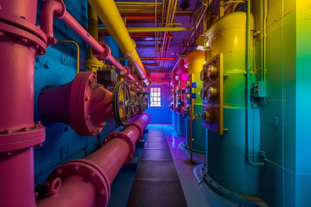Vibrant multi-colored pipes and valves dominate the interior of a modern industrial facilityの素材