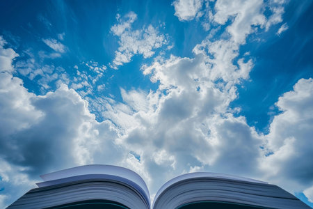 Conceptual image of an open book mimicking the shape of clouds against a blue skyの素材