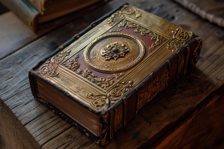 Vintage leather-bound book with ornate detailing resting on rustic wood near old booksの素材