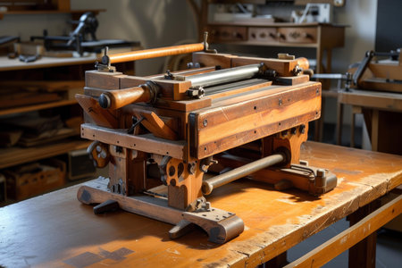 Vintage printing press showcased in a sunlit craft workshop settingの素材