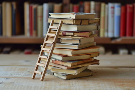 Creative composition with a wooden ladder leaning against a tall stack of hardcover booksの素材