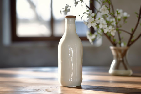 Sunlit kitchen setting with a white ceramic bottle of milk and a vase of blooming branchesの素材