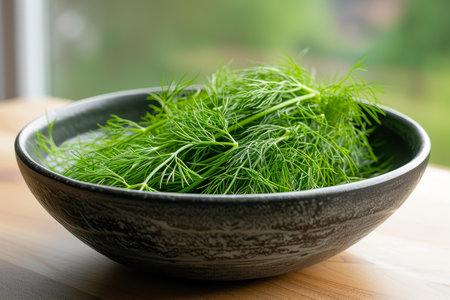 Close-up of vibrant green dill in a stylish bowl with a natural outdoor backgroundの素材