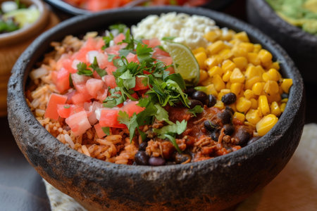Close-up of a vibrant mexican burrito bowl with rice, beans, corn, tomato, and cilantroの素材