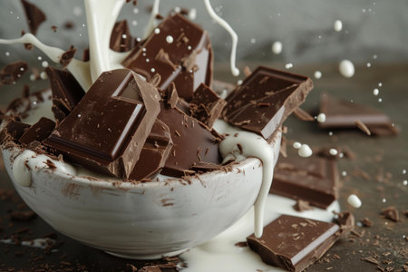 Pieces of dark chocolate with dynamic milk splash in a white bowlの素材