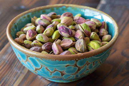 Vibrant bowl filled with raw pistachio nuts on a wooden tableの素材
