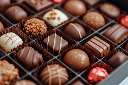 Indulge in the temptation of an assortment of handcrafted gourmet chocolates in an elegant box, perfect for special occasions and festive celebrationsの素材