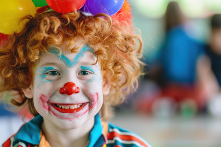 Close-up of a cheerful child dressed as a clown with colorful balloons in the backgroundの素材