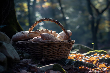 Wicker basket full of artisanal bread among fall leaves with sunbeams in woodsの素材