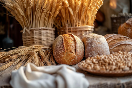 Freshly baked bread loaves with wheat sheaves in a rustic bakery settingの素材