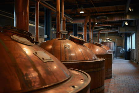 Shiny copper brewing kettles lined up in a craft beer production facilityの素材