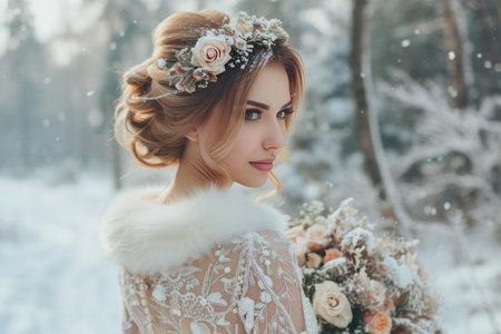 Radiant bride in a snowy landscape holds a bouquet, evoking a fairy-tale winter weddingの素材