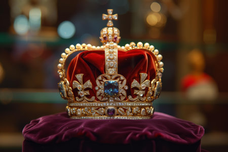 Elegant royal crown adorned with gems and pearls rests on a lush velvet pillowの素材